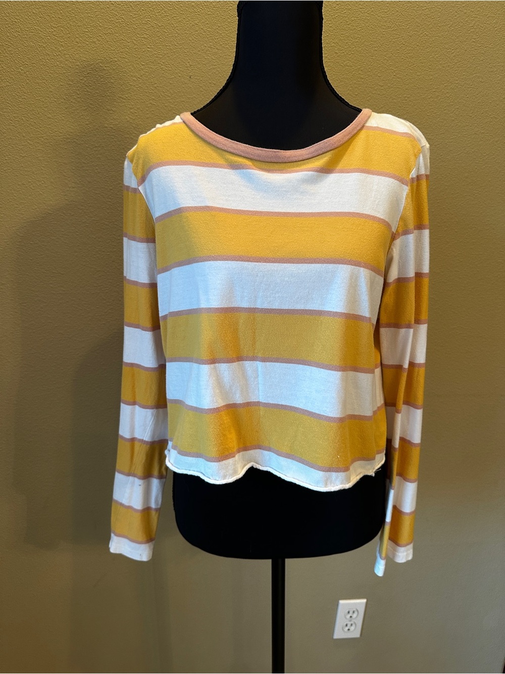 Guess Yellow White Striped Long-Sleeve Crop Top